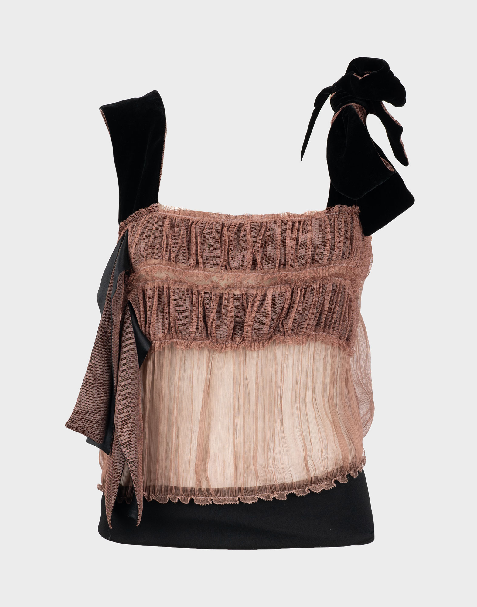 90s silk jean paul gaultier top with ruffles on front, black velvet straps