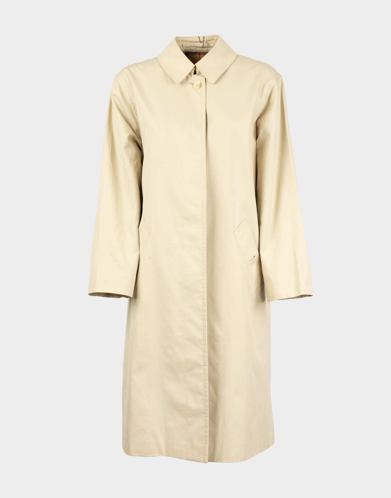 trench beige burberrys anni '90 monopetto, chiusura con bottoni nascosti