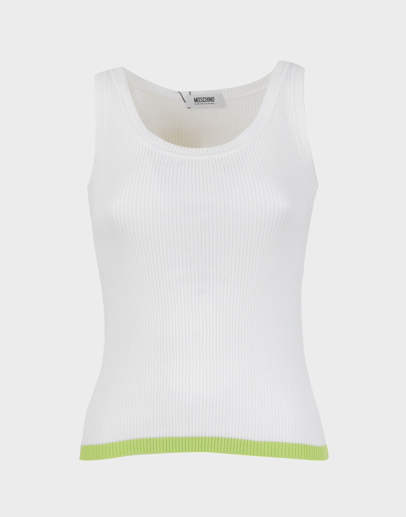 top bianco moschino in cotone a coste smanicato con bordino inferiore verde acido