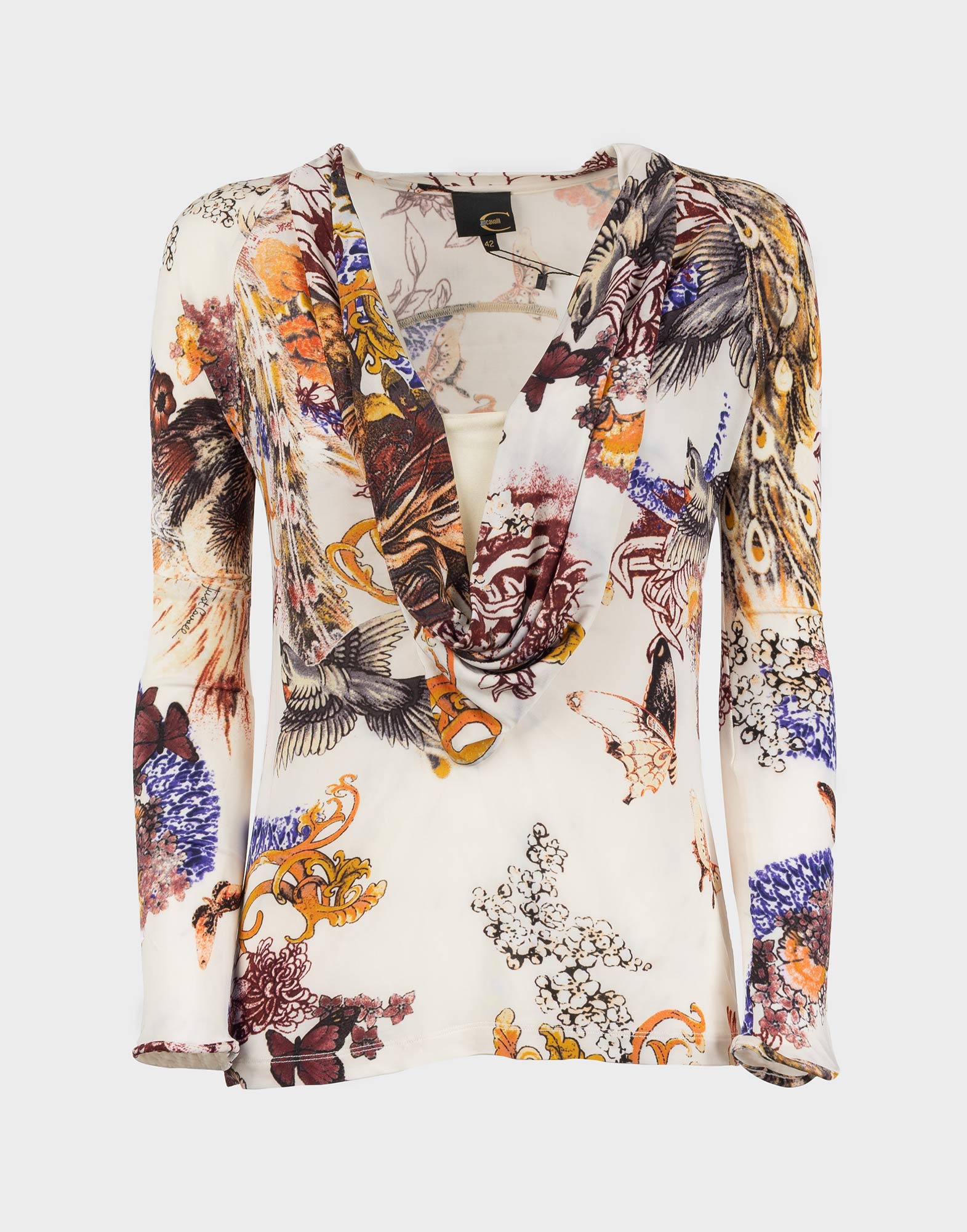 maglietta just cavalli a maniche lunghe con fantasia colorata, scollo sciallatao