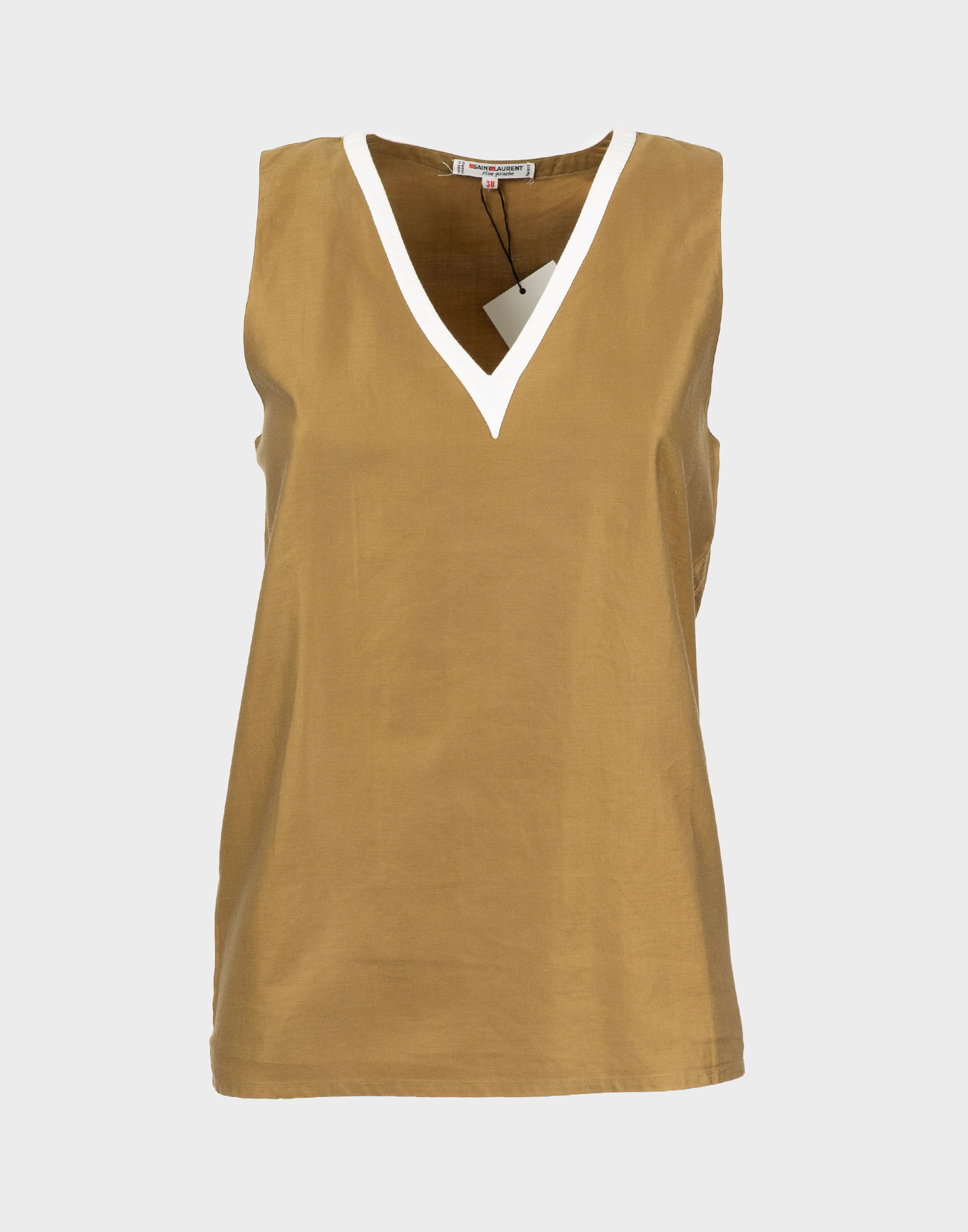 top verde cachi saint laurent anni '70 smanicato con scollo a V e bordo a contrasto di colore bianco