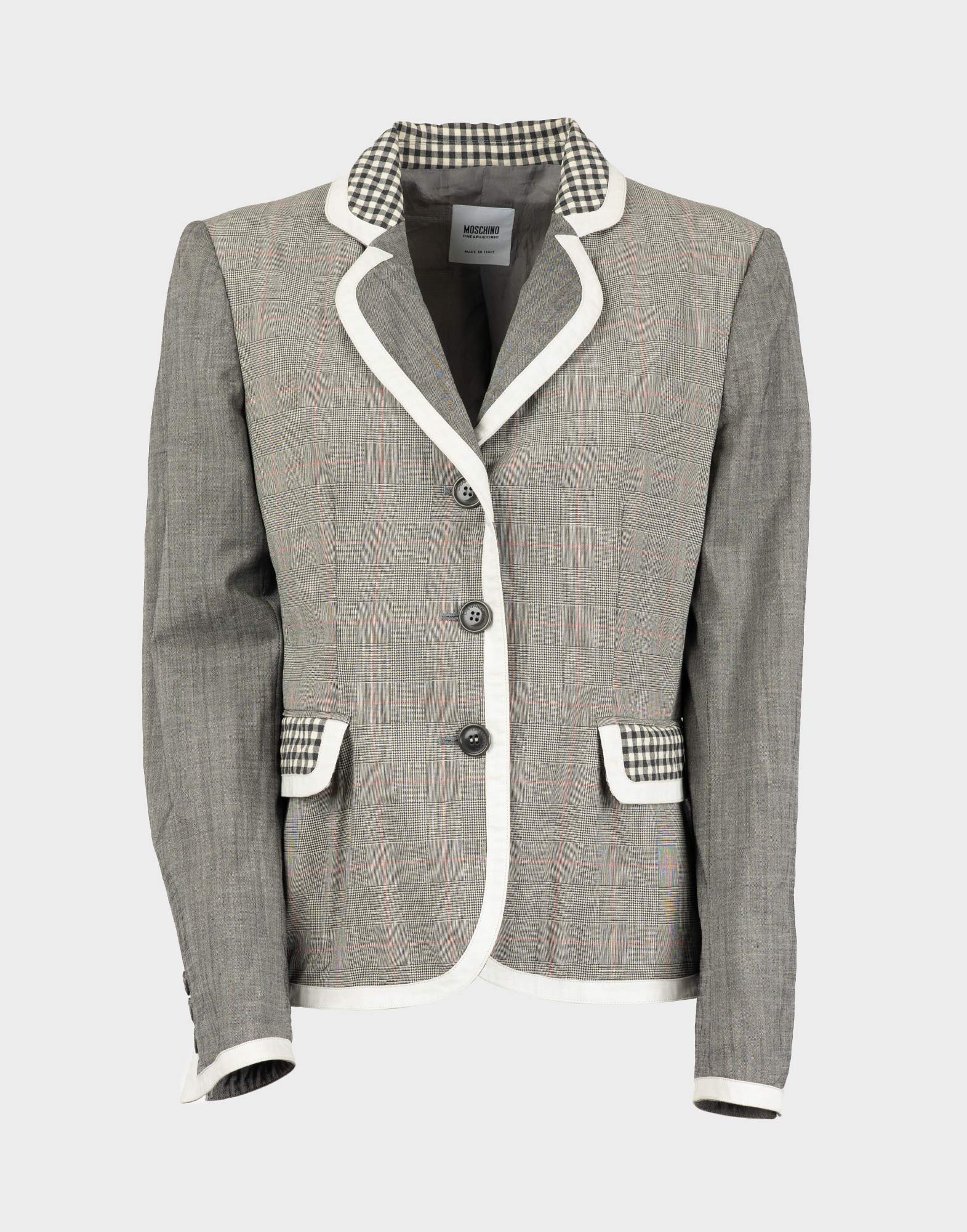 giacca da donna moschino cheap and chic grigia con fantasia a quadri, dettagli a contrasto di colore bianco, chiusura anteriore con bottoni