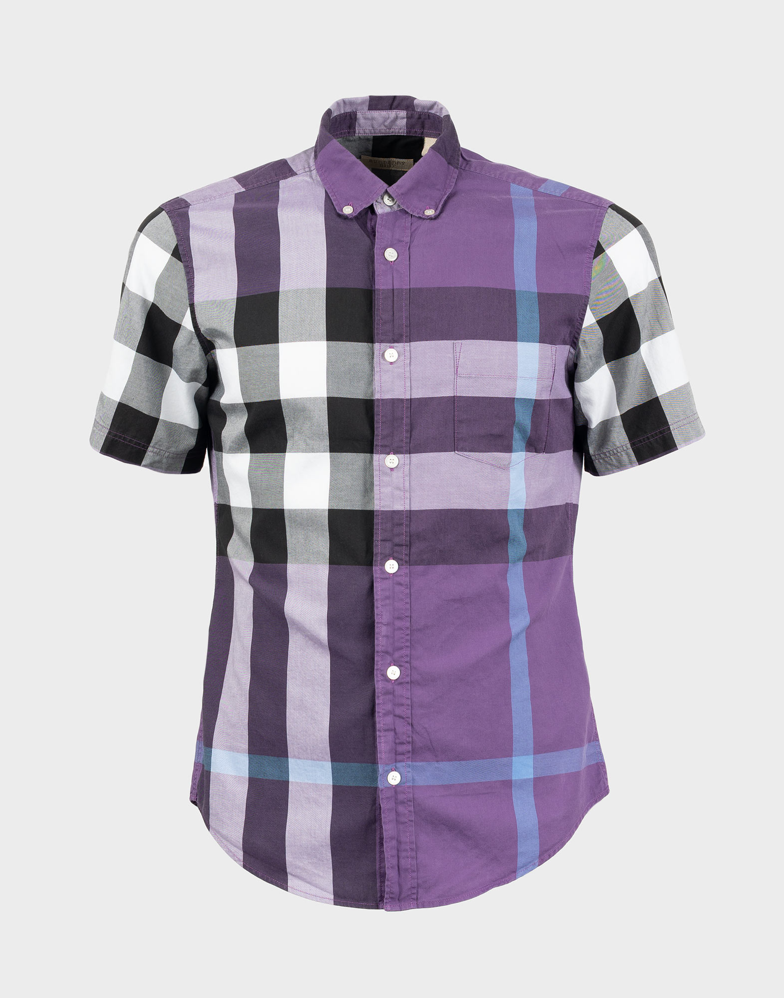 burberry brit short-sleeved purple cotton shirt with black and white tartan pattern