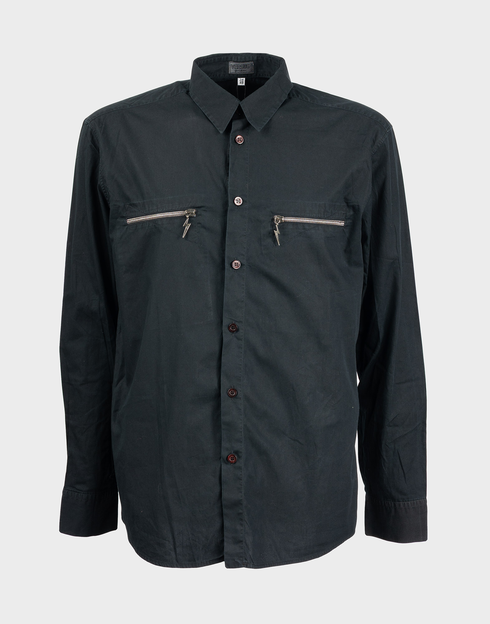 black versus cotton shirt, front button placket, two breast pockets with zips