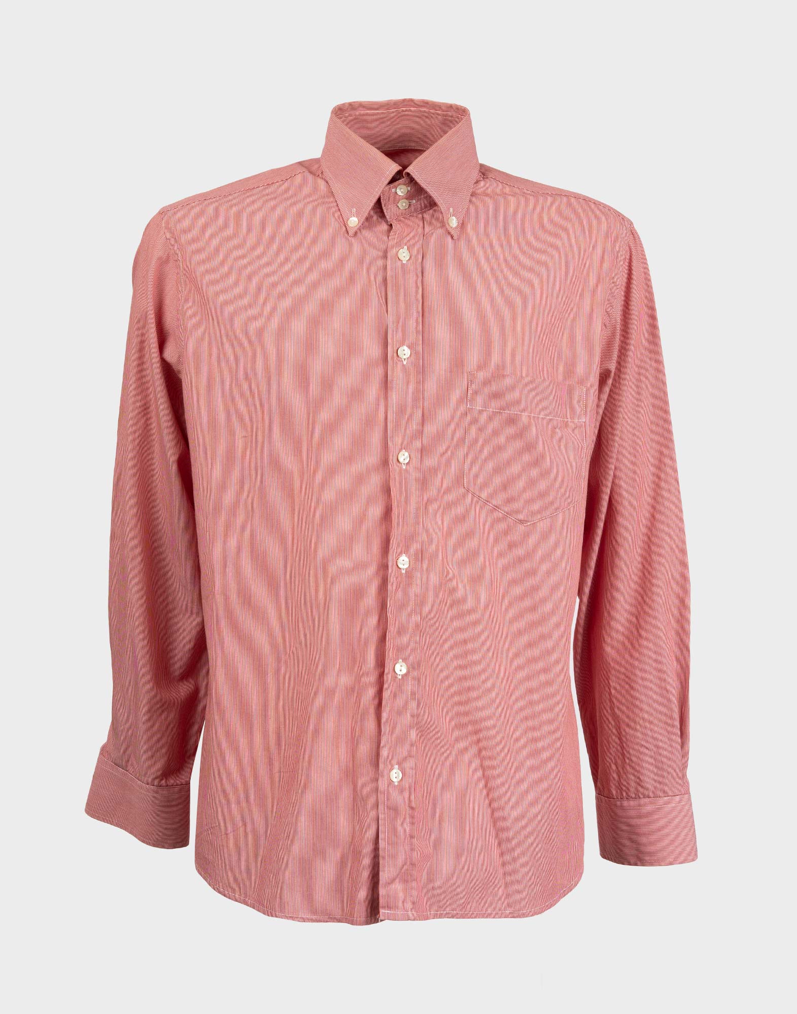 camicia rossa a maniche lunghe da uomo firmata dolce e gabbana con fantasia a righe sottili bianche, chiusura anteriore con bottoni in madreperla con logo dolce e gabbana, colleto button-down