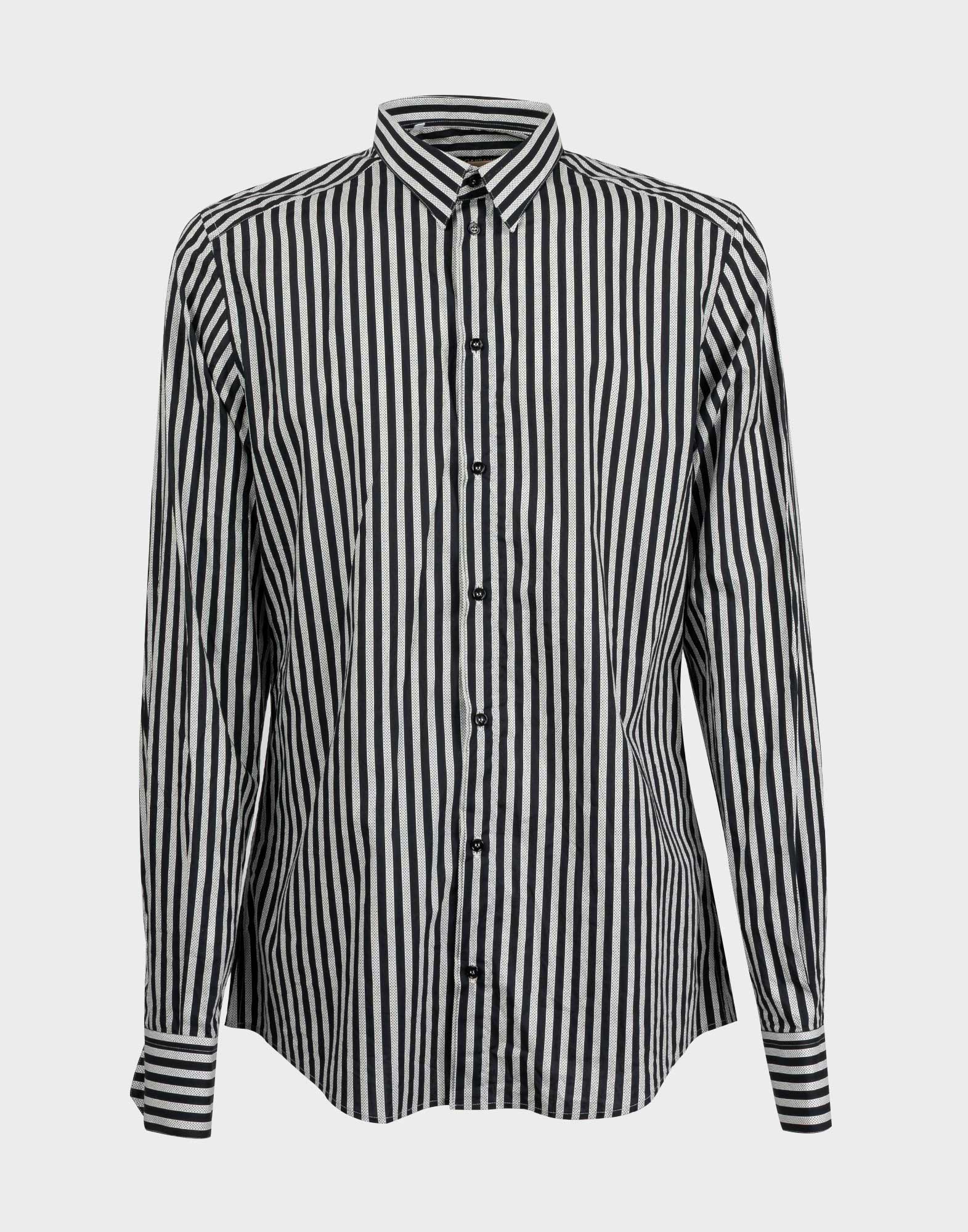 dolce e gabbana men's long sleeved shirt with black and white striped pattern, micro polka dot pattern, front fastening with black buttons