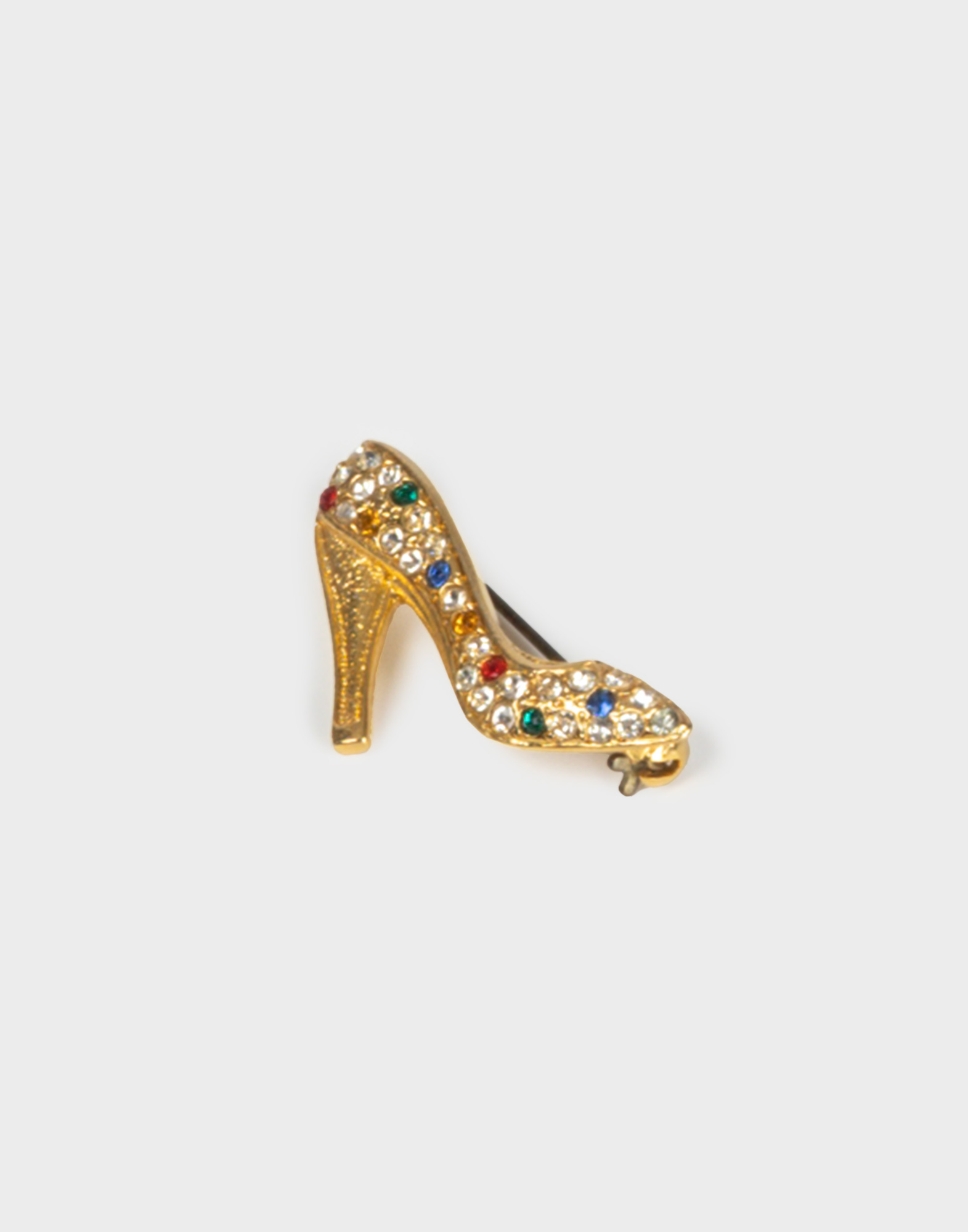 spilla dorata vintage a forma di scarpa con strass multicolore