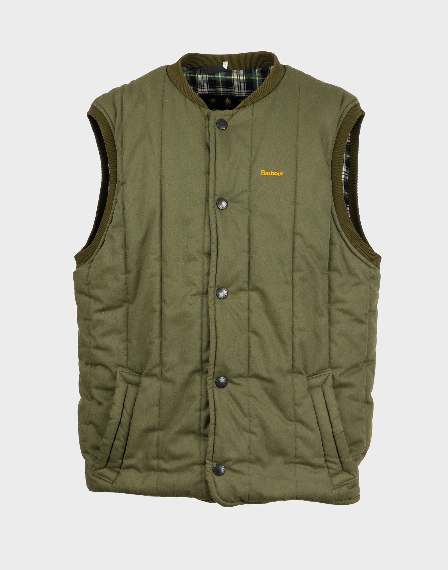 barbour padded sleeveless jacket, front clip-on button closure, two side pockets