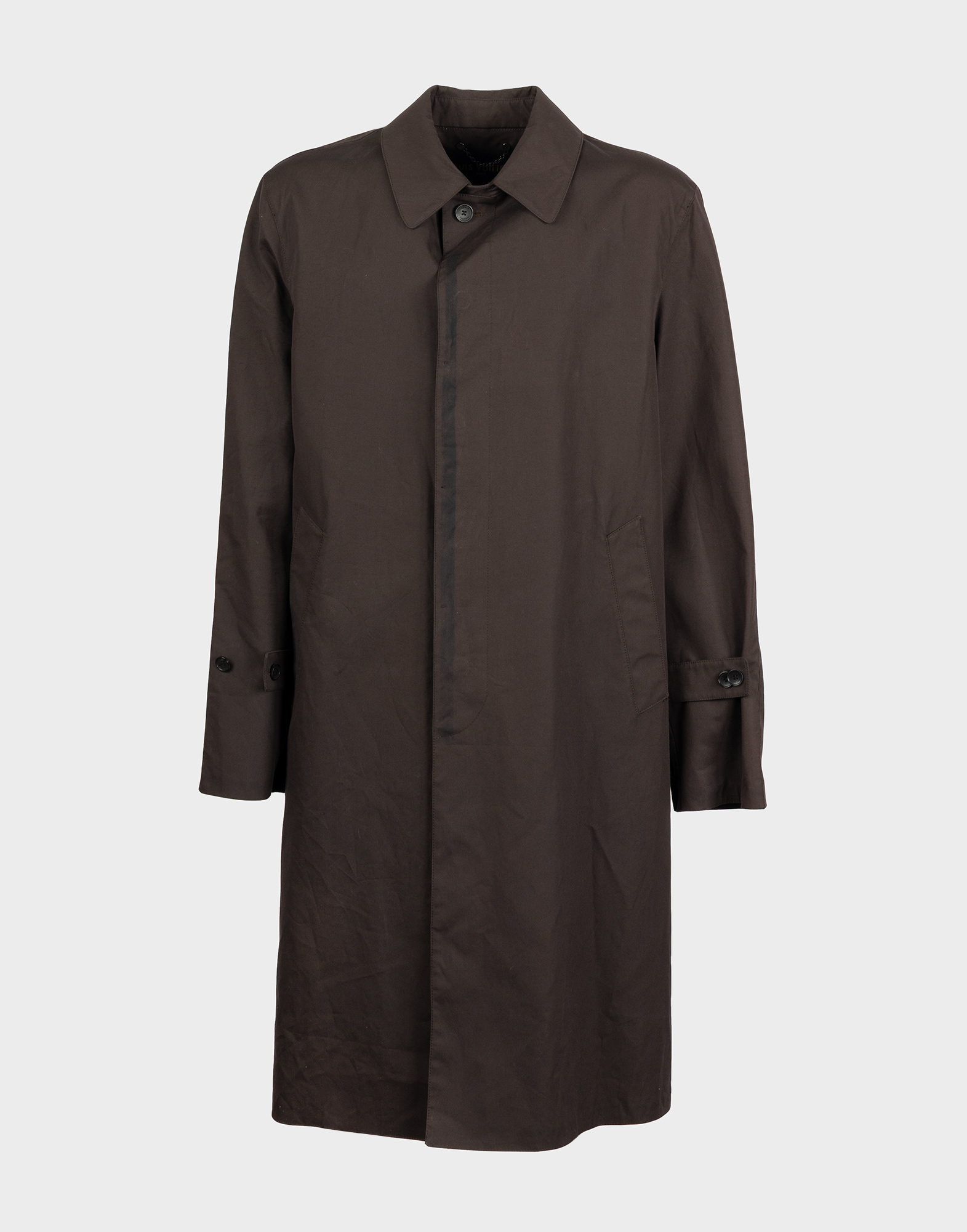 trench marrone louis vuitton da uomo lungo fino al ginocchio, monopetto, chiusura con bottoni nascosti