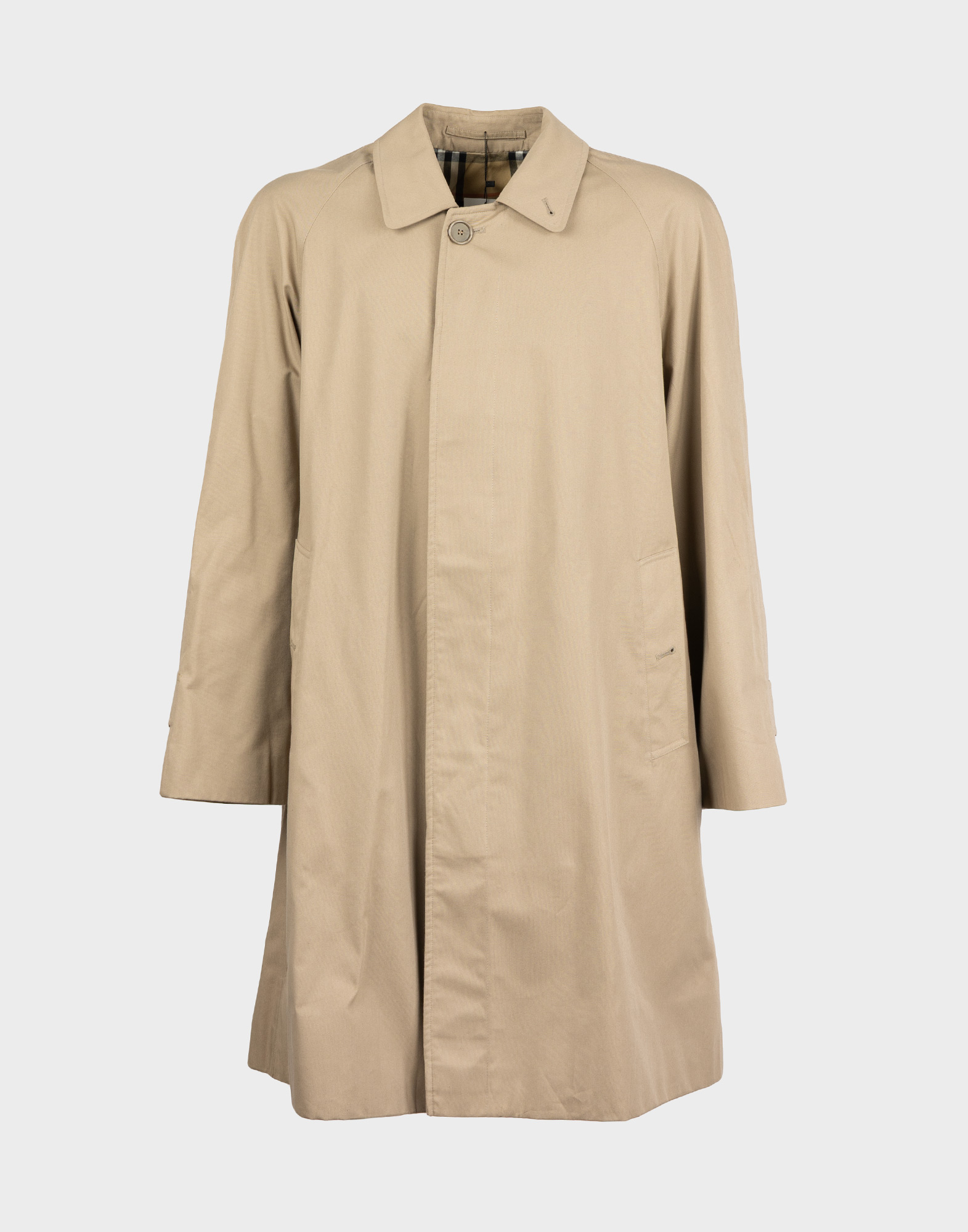 trench burberrys beige in cotone da uomo anni '90, chiusura monopetto con bottoni nascosti