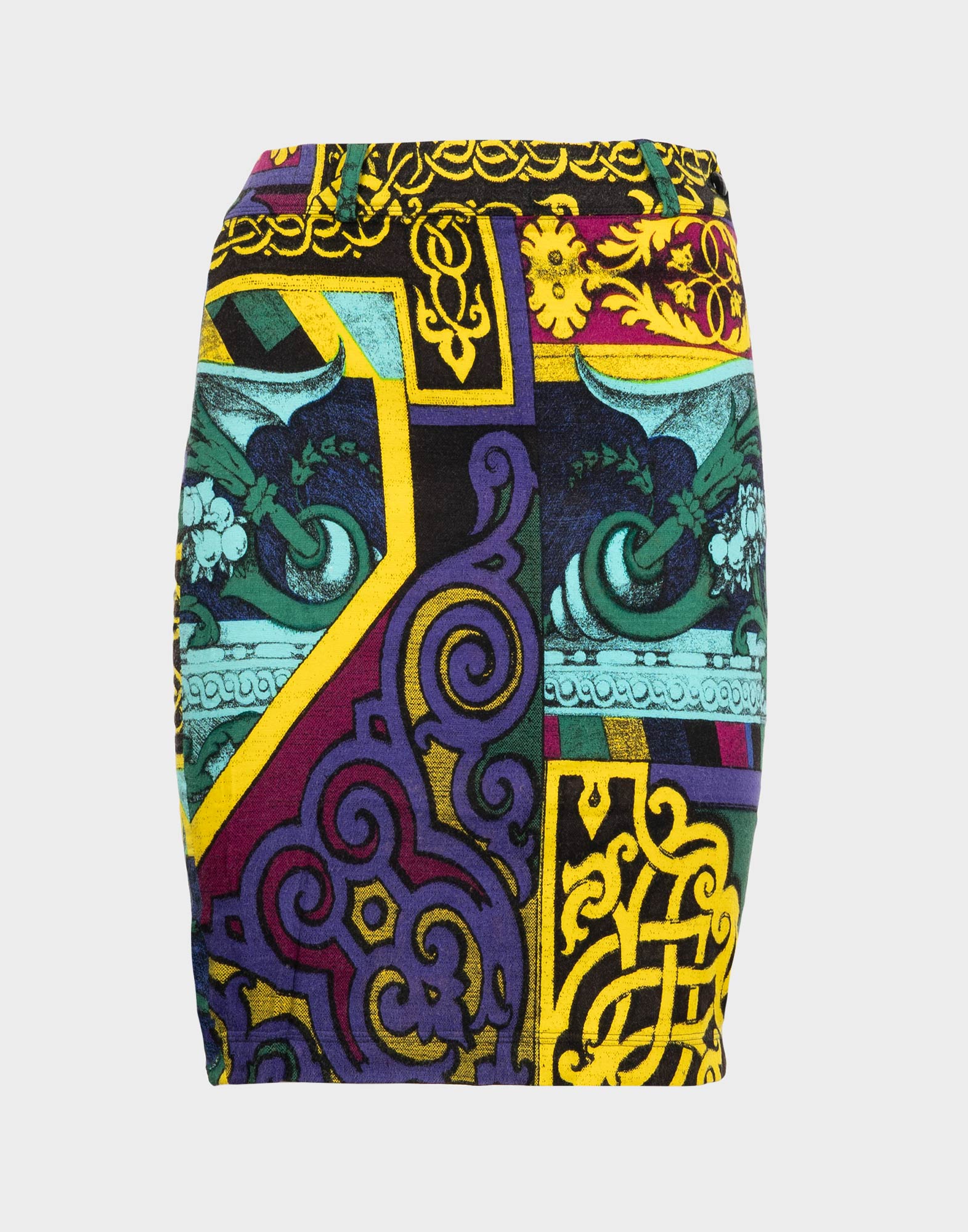 gonna pencil gianni versace anni 80 con fantasia geometrica multicolore sui toni del viola e giallo